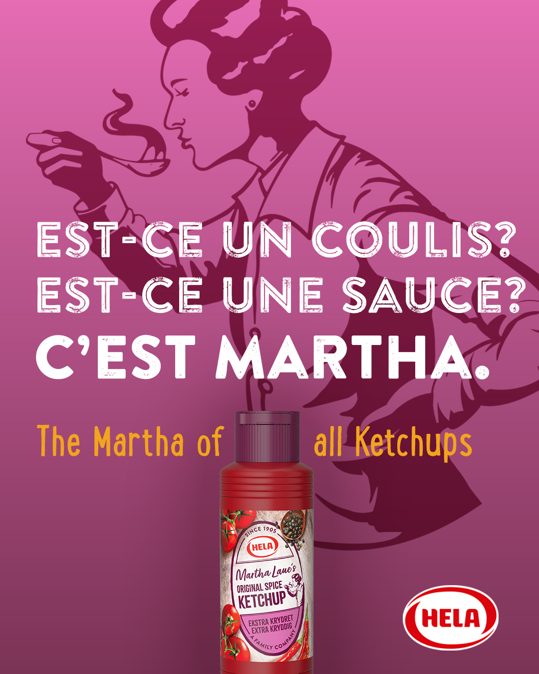 Social media motif in French: Est-ce un coulis? Est-ce une sauce? C'est Martha.